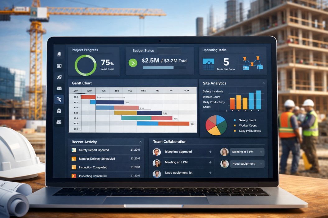 construction software news dashboard showing project management tools