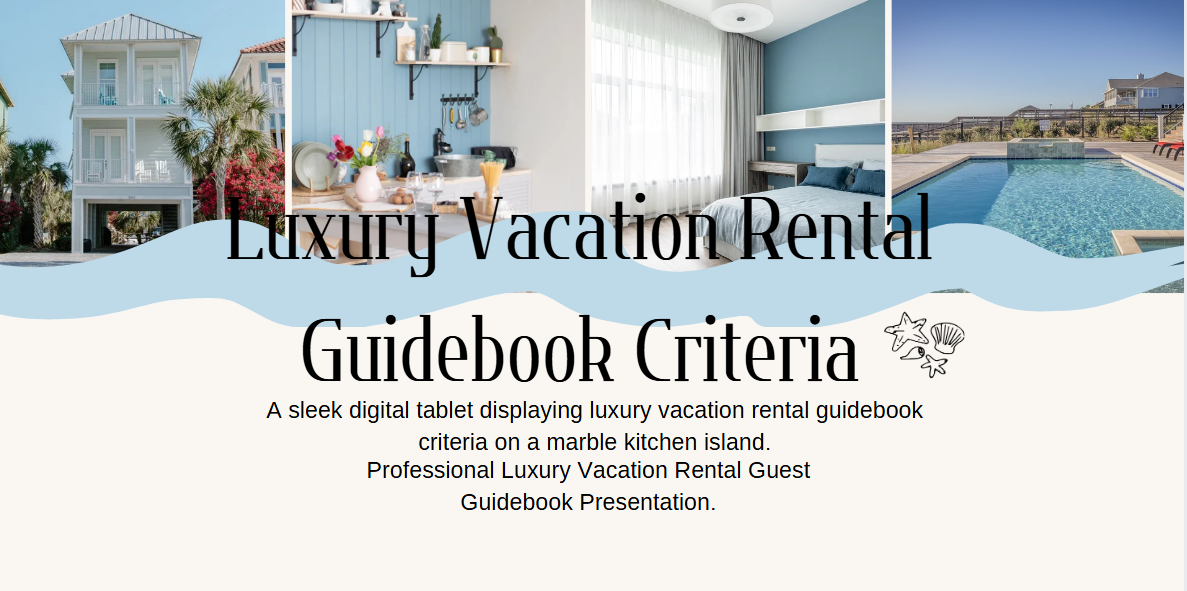 A sleek digital tablet displaying luxury vacation rental guidebook criteria on a marble kitchen island.