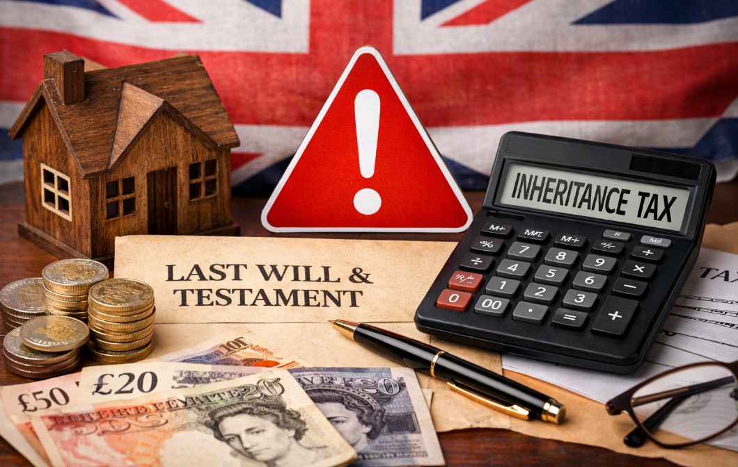 UK inheritance tax warning concept with family assets and tax documents