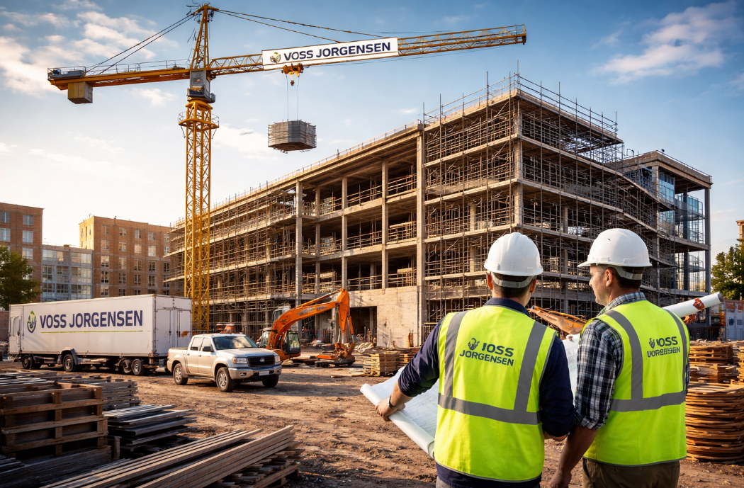 Construction site with workers and machinery