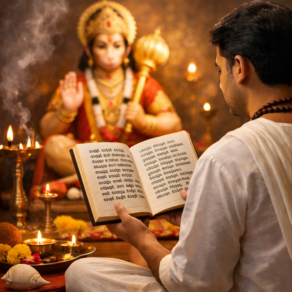 Devotee reading Hanuman Chalisa in Kannada with peaceful spiritual background and divine atmosphere